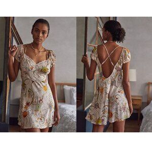 Anthropologie Floral Ivory Dainty Mini Dress Women's Medium Petite Lightweight
